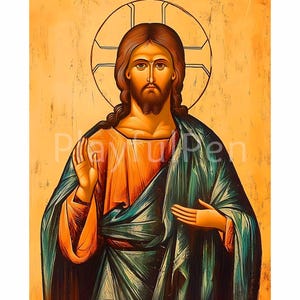 Jesus Christ Icon Wall Art Printable Poster, Christ Blessing, Byzantine Icon Style Illustrated Catholic Art Print, Instant Digital Download