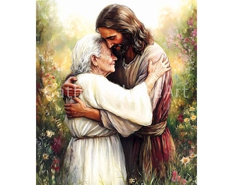 Jesus Comforts Elderly Woman Printable Wall Art, Christ with Grandma Painting, Grief and Healing Christian Art Reunion Art, Digital Download