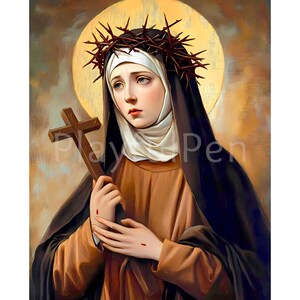 Könnte beinhalten: Ein Gemälde einer Frau in einem braunen Gewand und einem schwarzen Schleier. Sie hält ein Holzkreuz und trägt eine Dornenkrone auf dem Kopf. Der Hintergrund ist ein goldener Heiligenschein.