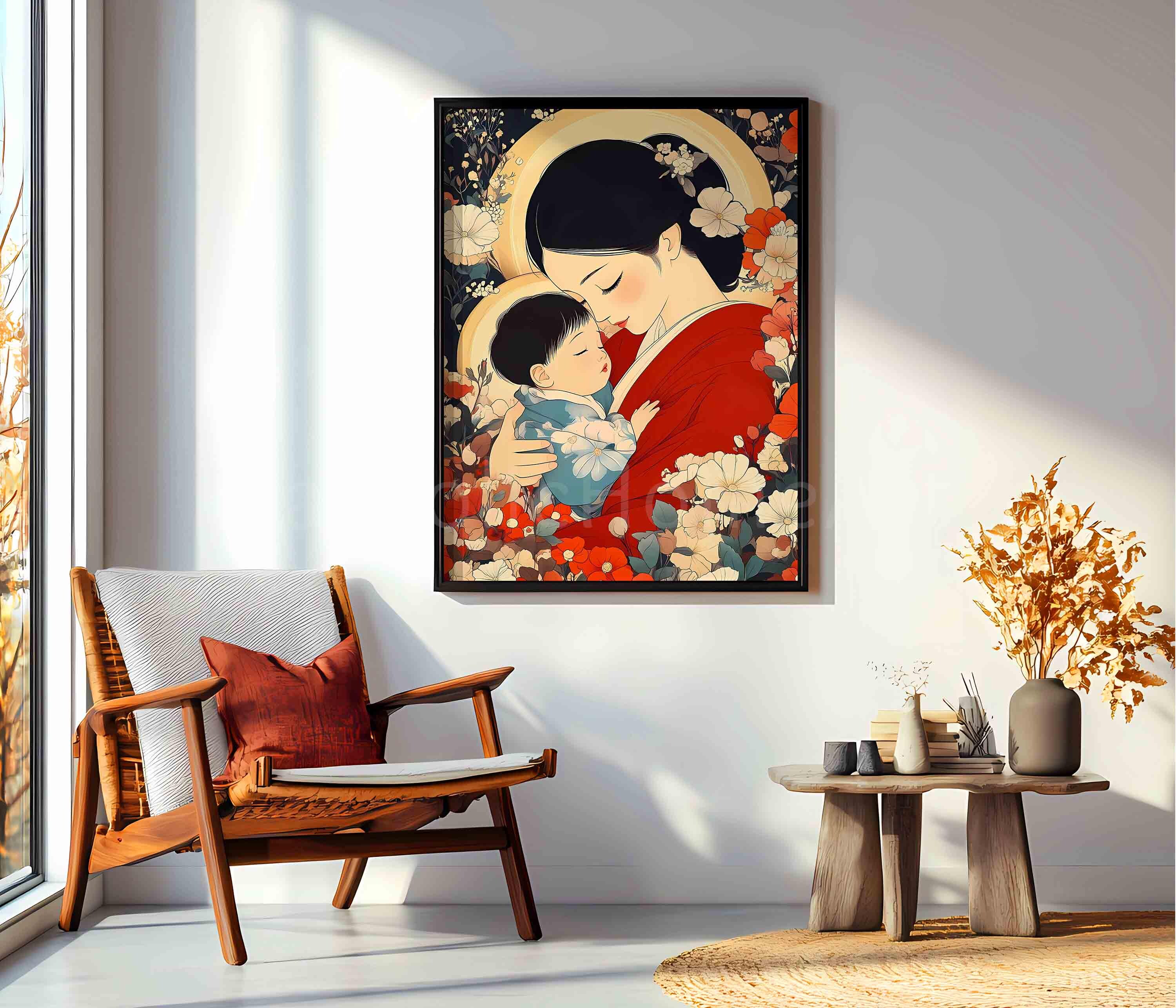 日本の聖母マリアと幼子イエスの印刷可能な壁アート、東アジアの聖母子