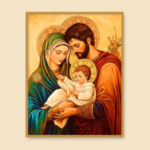Poster stampabile della Natività della Sacra Famiglia, opera d'arte di Gesù, Maria e Giuseppe, stampa classica tradizionale di Gesù Bambino, download digitale