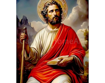May include: A painting of a man with a beard and long hair, wearing a white robe and a red cloak. He is holding a staff in his left hand and a book in his right hand. He has a halo above his head.