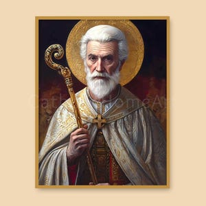 May include: A portrait of a man with a white beard and hair, wearing a gold-trimmed robe and holding a gold staff. A gold halo is behind his head. The artwork is framed in a gold border.