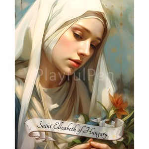 Puede incluir: Pintura digital de Santa Isabel de Hungría, que representa a una mujer con velo y túnica blancos, sosteniendo flores. La obra de arte tiene una calidad suave y etérea, con un enfoque en el rostro de la mujer y el arreglo floral.