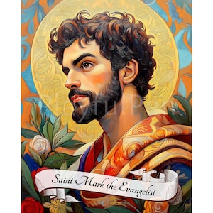 Arte de pared imprimible de San Marcos Evangelista, impresión artística de santos religiosos católicos, póster de San Marcos Apóstol, descarga digital instantánea