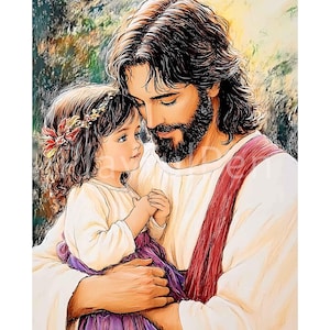 Jesus with a Girl, Printable Jesus Artwork, Jesus with Child Picture, Jesus with Girl Painting, Jesus and the Children Art Digital Download