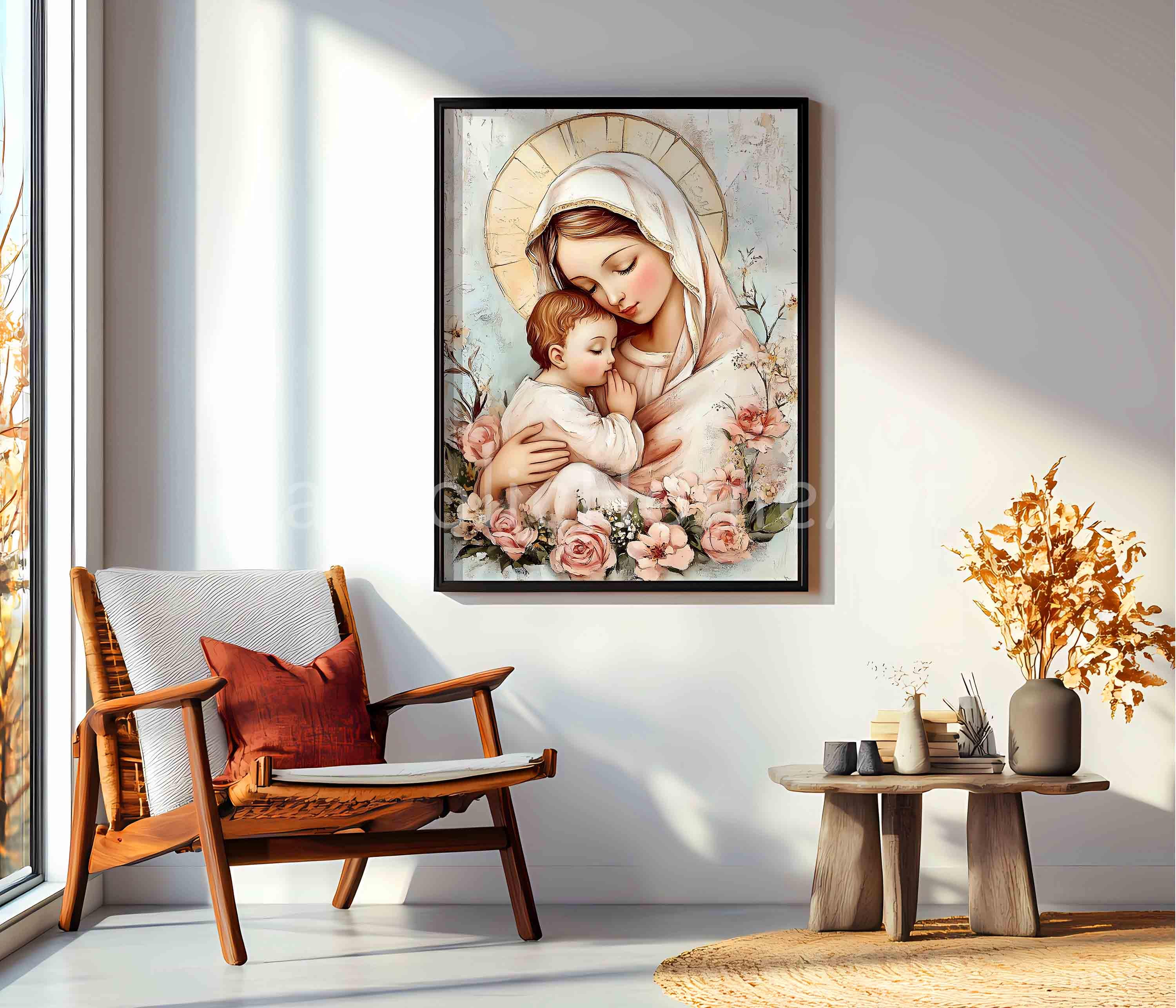聖母マリアと幼子イエスのアートプリント、キリスト教カトリックの宗教