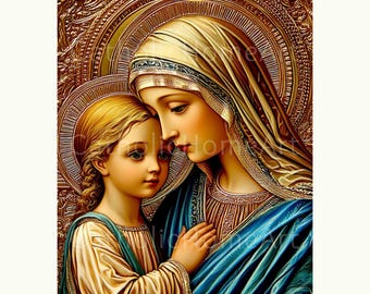 聖母マリアと幼子イエスのアートプリント、キリスト教カトリックの宗教
