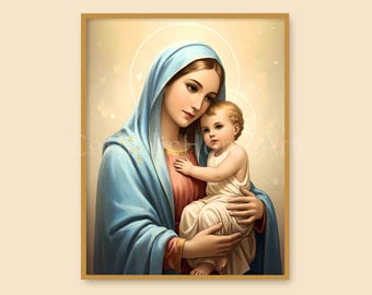 祝福を与える聖母マリアと幼子イエスのカトリック絵画プリント - 額装