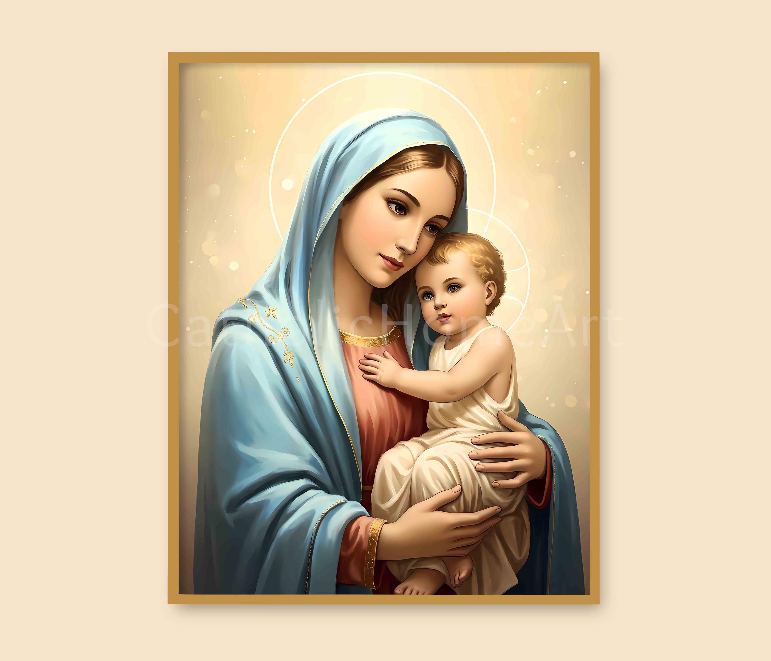 伝統的な聖母マリアと幼子イエスのアートプリント、宗教的なキリスト教