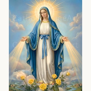 Op de afbeelding: Een religieus schilderij toont een vrouw in een witte jurk en blauwe mantel, omringd door een gouden halo en lichtstralen. Gele rozen staan onderaan. De tekst "Catherine Home Art" is zichtbaar.