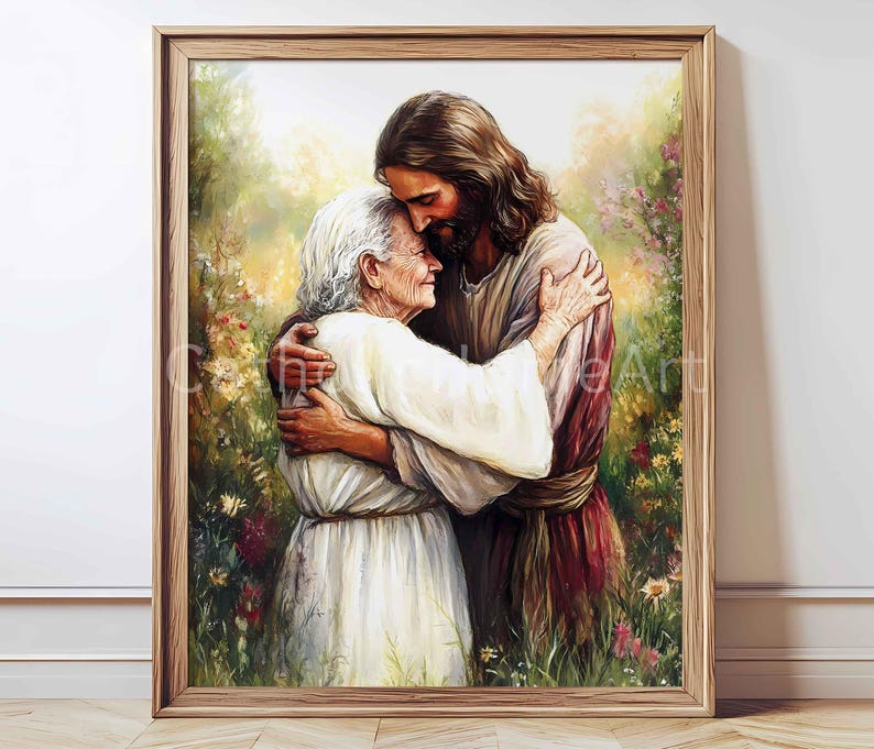 May include: A framed print depicts a tender embrace between two figures. One figure, with long brown hair and a beard, is embracing an elderly person. The artwork is set against a backdrop of soft, colorful foliage, creating a serene atmosphere.