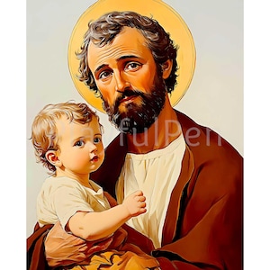Saint Joseph Wall Art Printable, St Joseph with Baby Jesus Catholic Printable Poster Print, Christian Religious Art Instant Digital Download