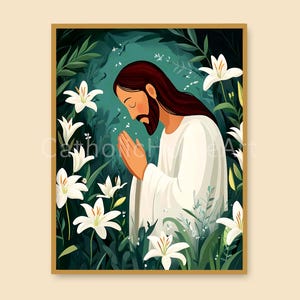 Jesus Praying in the Garden Printable Wall Art, Picture of Jesus in Garden of Gethsemane, Jesus Painting, Holy Spirit, Digital Download
