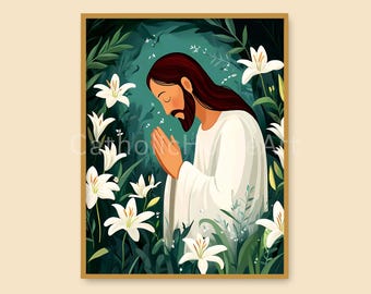 Jesus Praying in the Garden Printable Wall Art, Picture of Jesus in Garden of Gethsemane, Jesus Painting, Holy Spirit, Digital Download