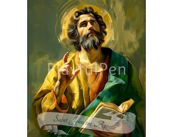Lámina decorativa imprimible de San Juan Apóstol, póster católico, descarga digital de arte religioso.