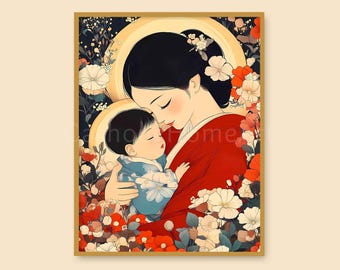 日本の聖母マリアと幼子イエスの印刷可能な壁アート、東アジアの聖母子