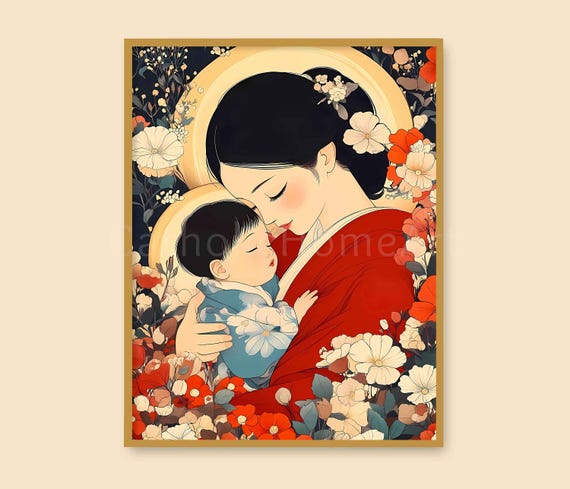 日本の聖母マリアと幼子イエスの印刷可能な壁アート、東アジアの聖母子