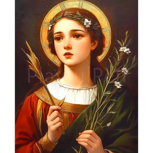 May include: A painting of a young woman with a halo and a wreath of leaves in her hair. She is holding a branch with leaves and white flowers. The background is dark.