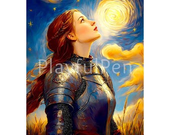 Jeanne d'Arc väggkonst utskrivbar, Jeanne d'Arc-tryck, digital nedladdning av helgon, Saint Joan kristen katolsk konstaffisch, dekor till hemmakontoret
