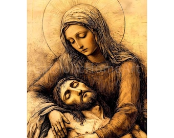Virgin Mary with Christ Art Print, Mary and Jesus Catholic Gift, Sorrowful Mother Wall Art Printable, Marian Devotional Art, Christian Pieta