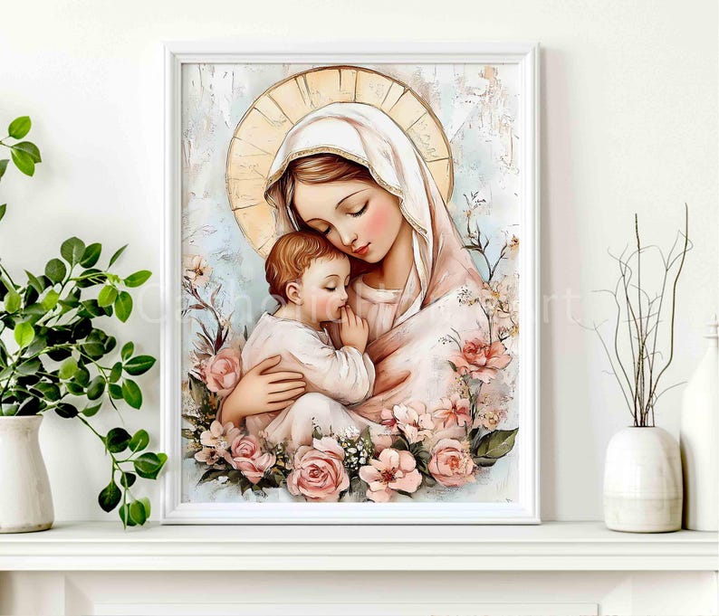 Virgin Mary and Baby Jesus Art Print, Christian Catholic Religious Wall ...