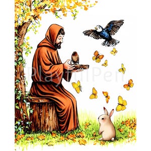 Der Heilige Franz von Assisi Wand Kunst zum ausdrucken, St Francis segnet die Tiere Digitaler Download, katholische Printables, religiöse Kunst Poster