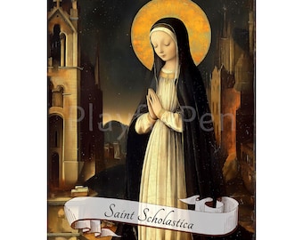 Heilige Scholastica druckbare Wandkunst, katholischer Poster-Druck, christliche religiöse Kunst digitaler Download