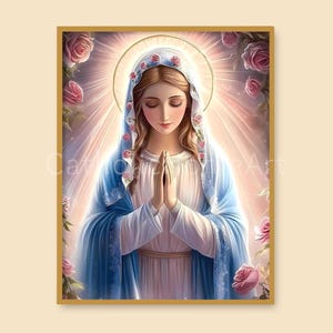 Heilige Maagd Maria afdrukbare muurkunst, moeder van Jezus katholieke print religieuze poster, onze-lieve-vrouw van de rozen, digitale download