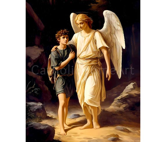 天使と獅子の絵画 絵　ポスター 大天使聖ラファエルの印刷可能な壁アート、聖ラファエルの絵