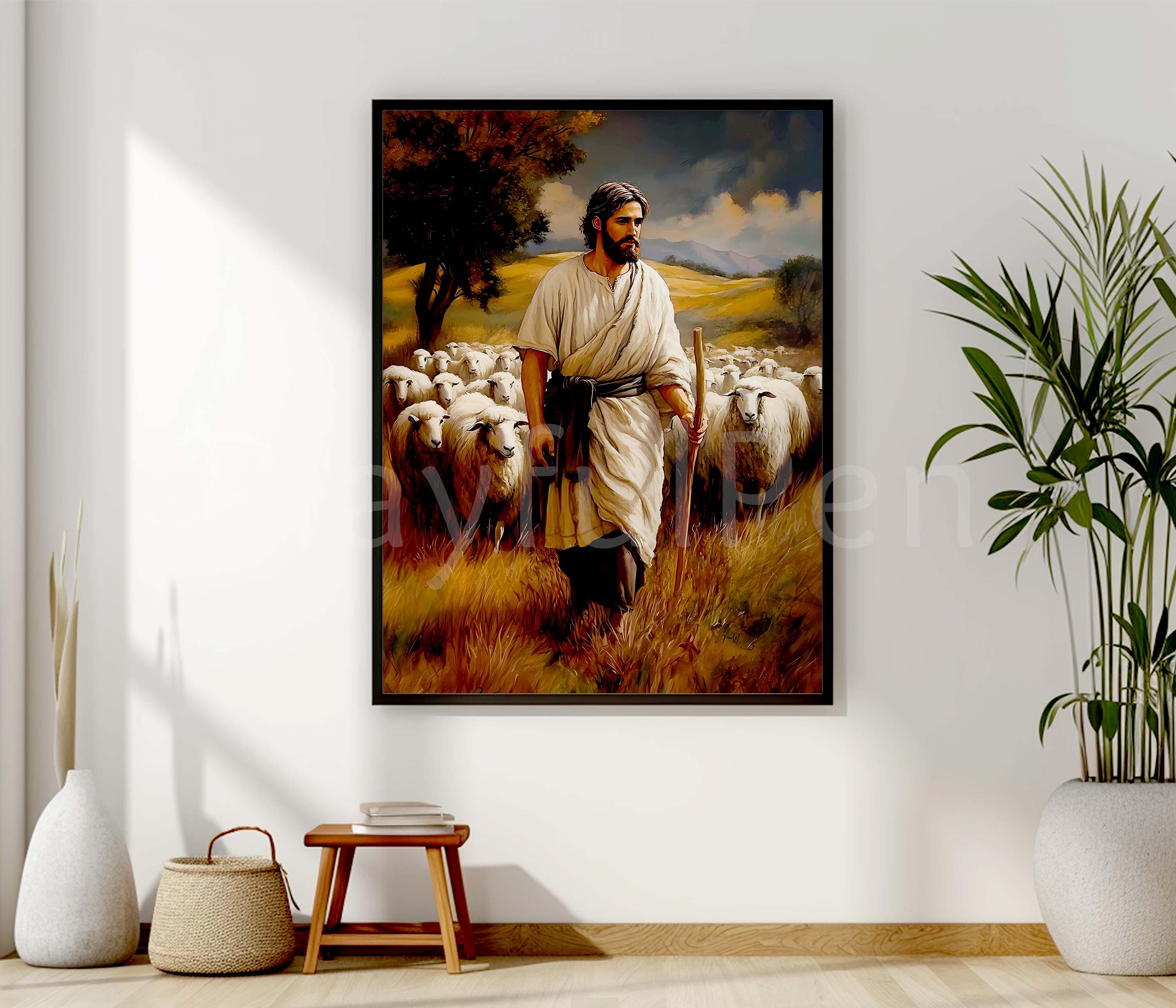 Christliches Leinwandposter: 'Jesus Verlässt Die 99' Mit Lamm & Landschaft - Wandkunst 40,6x61 Cm