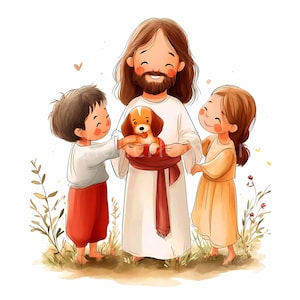 Arte imprimible para guardería de Jesús, imagen de Jesús con niño y niña, impresión de arte de pared de Jesús con niños, dibujos animados de Jesús con niños, descarga digital