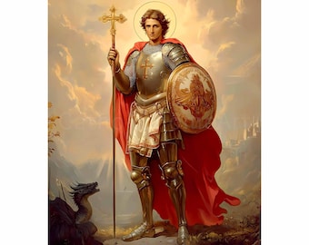 Saint George Printable Wall Art Print, St George and the Dragon, Lydda England, Christian Catholic Poster, Religious Art, Digital Download