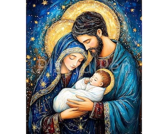 Könnte beinhalten: Ein Gemälde der Heiligen Familie mit Maria, Josef und dem Jesuskind. Das Gemälde ist in einem traditionellen Stil gehalten, mit einem blauen und goldenen Farbschema. Die Familie ist von Sternen umgeben, die den Nachthimmel symbolisieren.