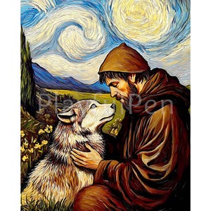 Puede incluir: Una pintura al estilo de Van Gogh que representa a un hombre con una túnica marrón con capucha, mirando hacia abajo a un lobo blanco. El fondo es un cielo azul en espiral con estrellas amarillas.