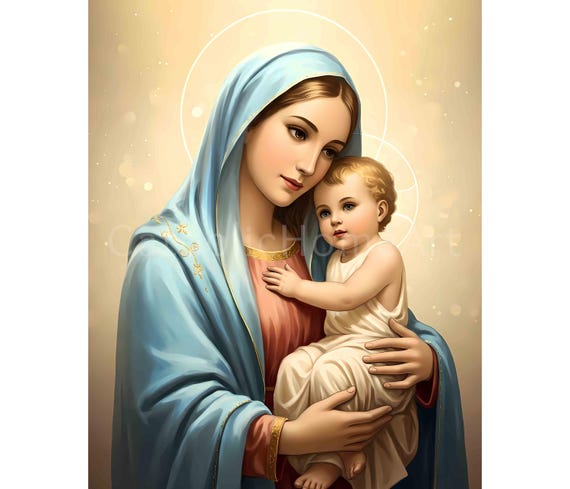 伝統的な聖母マリアと幼子イエスのアートプリント、宗教的なキリスト教