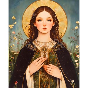 May include: A painting of a woman with long brown hair wearing a black and green robe. She is holding a golden key in her hands. The background is a blue sky with white clouds and flowers.