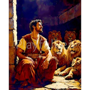 May include: A man in a red robe sits surrounded by a group of lions. The man looks up towards the sky with a calm expression. The lions are all looking at the man, but they are not aggressive. The scene is set in a dark, cave-like space.