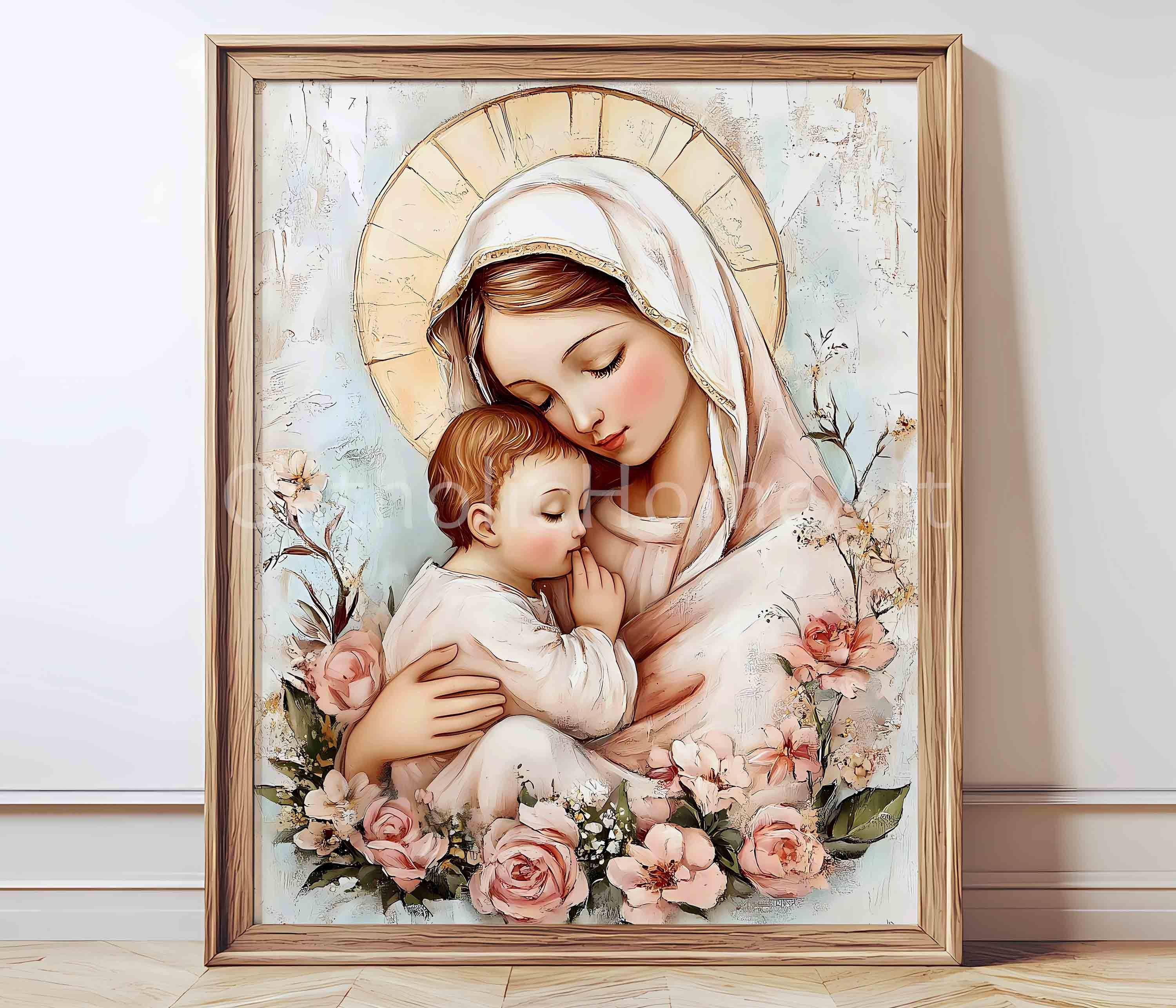 聖母マリアと幼子イエスのアートプリント、キリスト教カトリックの宗教