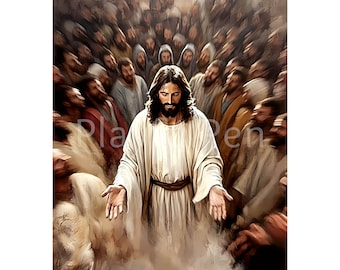 Jesus Preaching to the Crowd Wall Art Printable, Sermon on the Mount, Jesus Art Digital Download Print