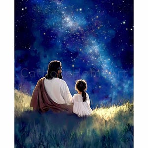 Everything Will Be Fine, Jesus with Child Printable Wall Art, Christ with a Little Girl Looking at Stars in the Night Sky, Digital Download