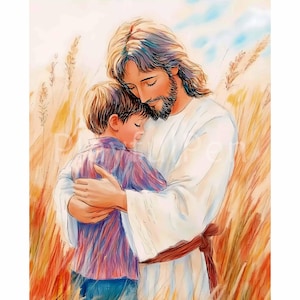 Jesus Hugging Boy Print, Printable Jesus Artwork, Jesus with a Boy Picture, Jesus with Boy Painting, Jesus Hugs Art Digital Download