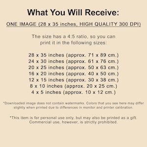 May include: A beige image with black text detailing image sizes, including 28 x 35 inches (approx. 71 x 89 cm), and a 4:5 ratio. The text states the image is high quality at 300 DPI and for personal use only.