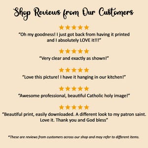 May include: A cream-colored graphic with the text "Shop Reviews from Our Customers" in a handwritten font. Below are customer reviews with gold star ratings. The reviews praise the product's clarity, quality, and appearance.