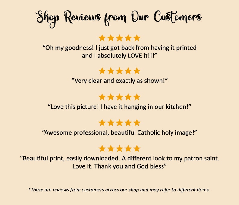 May include: A cream-colored graphic with the text "Shop Reviews from Our Customers" in a handwritten font. Below are customer reviews with gold star ratings. The reviews praise the product's clarity, quality, and appearance.