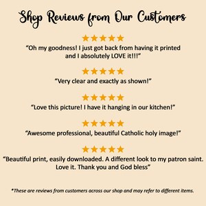 May include: A cream-colored graphic with the text "Shop Reviews from Our Customers" in a handwritten font. Customer reviews are displayed below, each accompanied by a row of five gold stars. The reviews praise the product's quality and appearance.