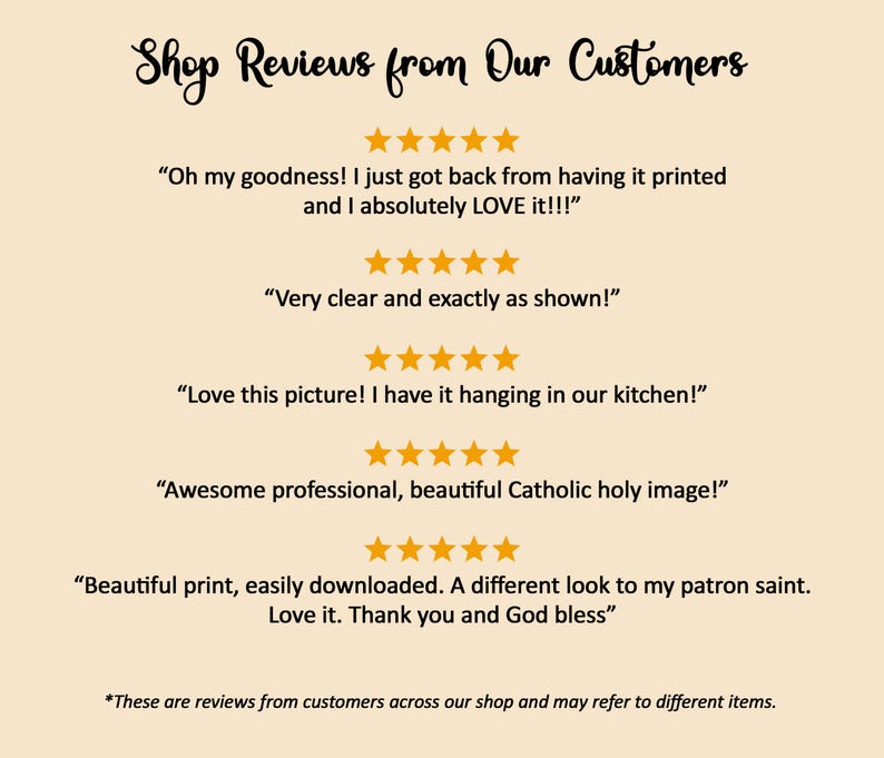 May include: A cream-colored graphic with the text "Shop Reviews from Our Customers" in a handwritten font. Customer reviews are displayed below, each accompanied by a row of five gold stars. The reviews praise the product's quality and appearance.