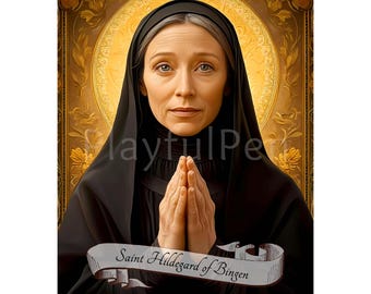 May include: A painting of Saint Hildegard of Bingen, a woman in a black robe with her hands clasped in prayer. She has a halo behind her head and is depicted with a gentle expression. The painting is set against a gold background with floral designs.
