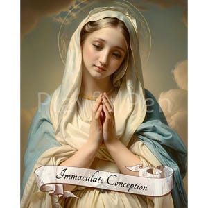 Puede incluir: Una pintura de la Inmaculada Concepción de María. La pintura representa a María con una túnica azul y blanca, con las manos juntas en oración. La pintura está ambientada en un fondo de nubes y un halo dorado.
