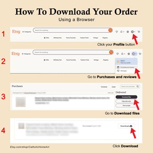 May include: A step-by-step guide on how to download an order from Etsy using a browser. The image shows screenshots with arrows pointing to the profile button, purchases, and download files. The text reads "How To Download Your Order" and "Click Download".
